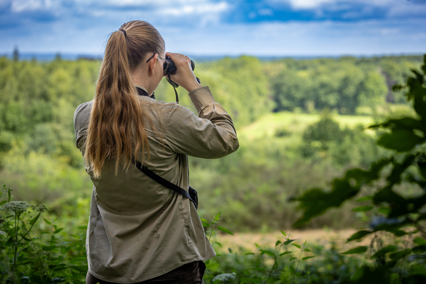 Collega Annemarie staat met haar rug naar de camera. Ze kijkt door een verrekijker. In de verte zijn veel bomen en natuur te zien.